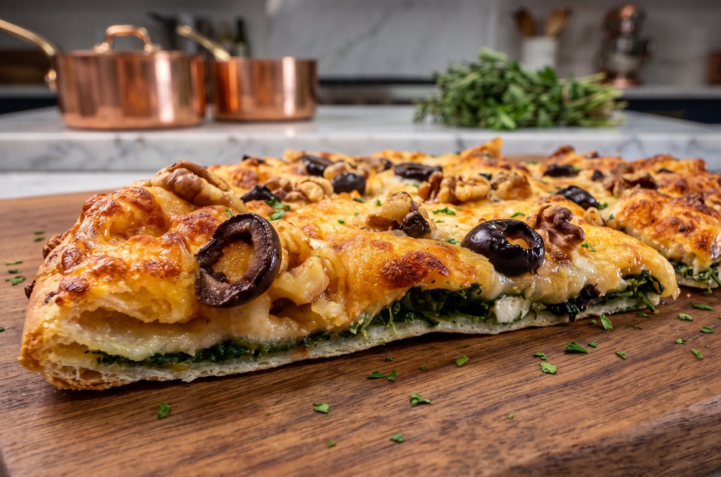 Spinach & Ricotta Stuffed Pizza, cut open