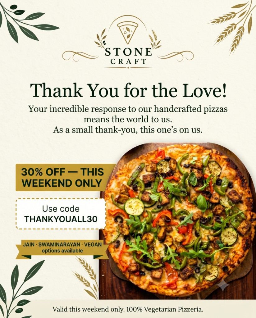 Stone Craft Pizza — Thank You for the Love. 30% off this weekend only when your total after discount is more than $35. Use code THANKYOUALL30.